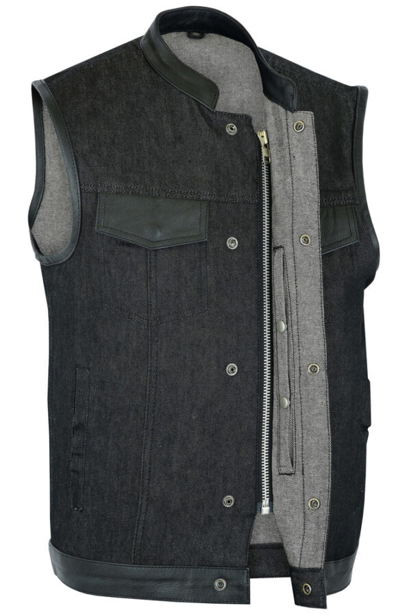RM962 Men's Rough Rub-Off Raw Finish Denim Vest W/Leather Trim - Scoop Collar - Image 4