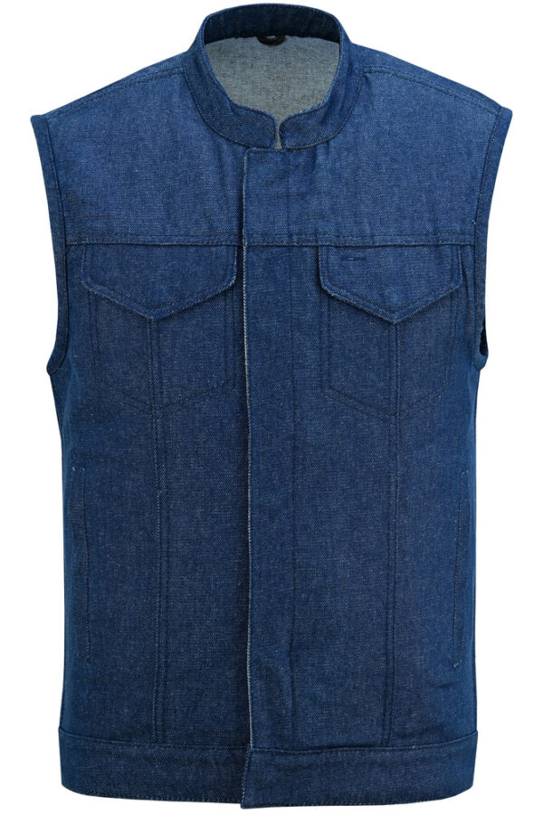 RM976 Men's Blue Rough Rub-Off Raw Finish Denim Vest - Image 3