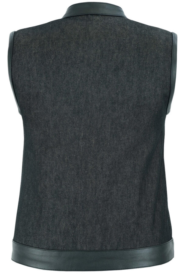 RM963 Women's Rough Rub-Off Raw Finish Denim Vest W/Leather Trim - Image 3