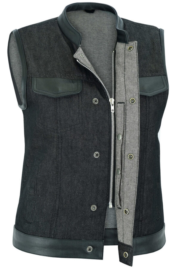 RM963 Women's Rough Rub-Off Raw Finish Denim Vest W/Leather Trim - Image 4