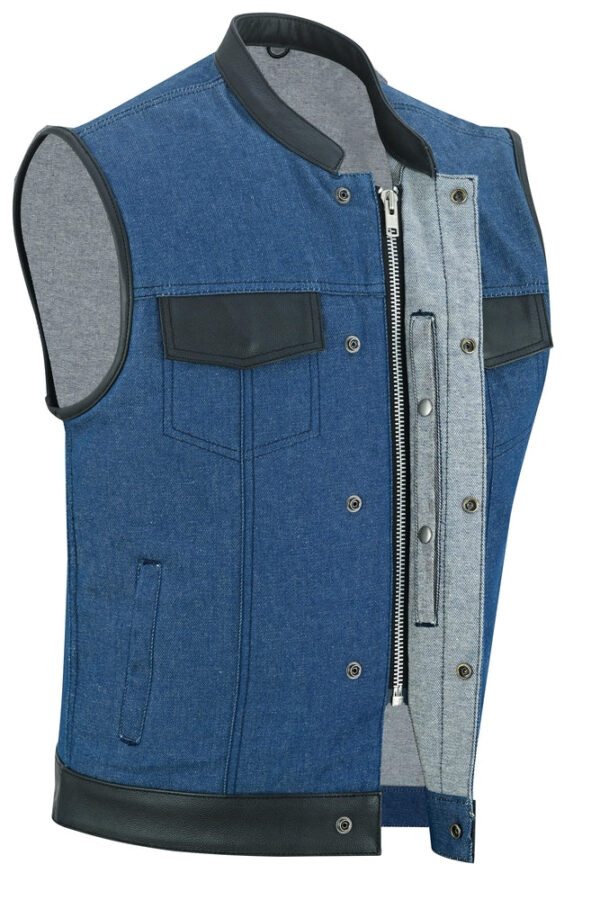 RM961 Men's Broken Blue RoughRub-Off Raw Finish Denim Vest W/Leather - Image 3