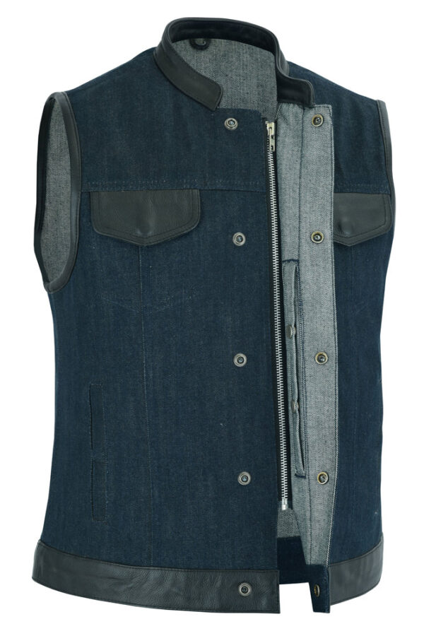 RM964 Women's Broken Blue Rough Rub-Off Raw Finish Denim Vest W/Leather Trim - Image 3