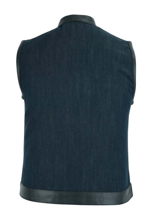 RM964 Women's Broken Blue Rough Rub-Off Raw Finish Denim Vest W/Leather Trim - Image 5