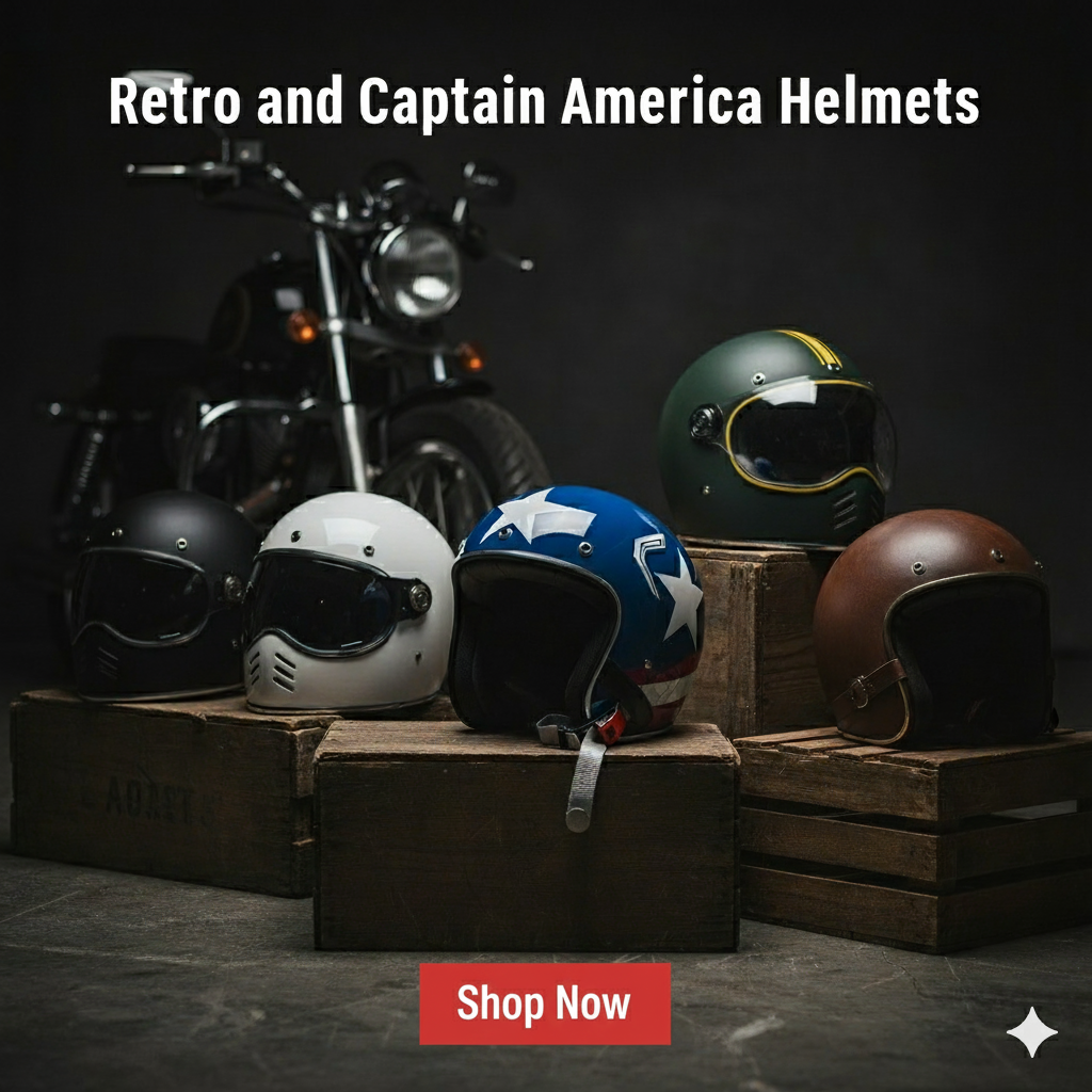 retro and Captain America open face helmets Home