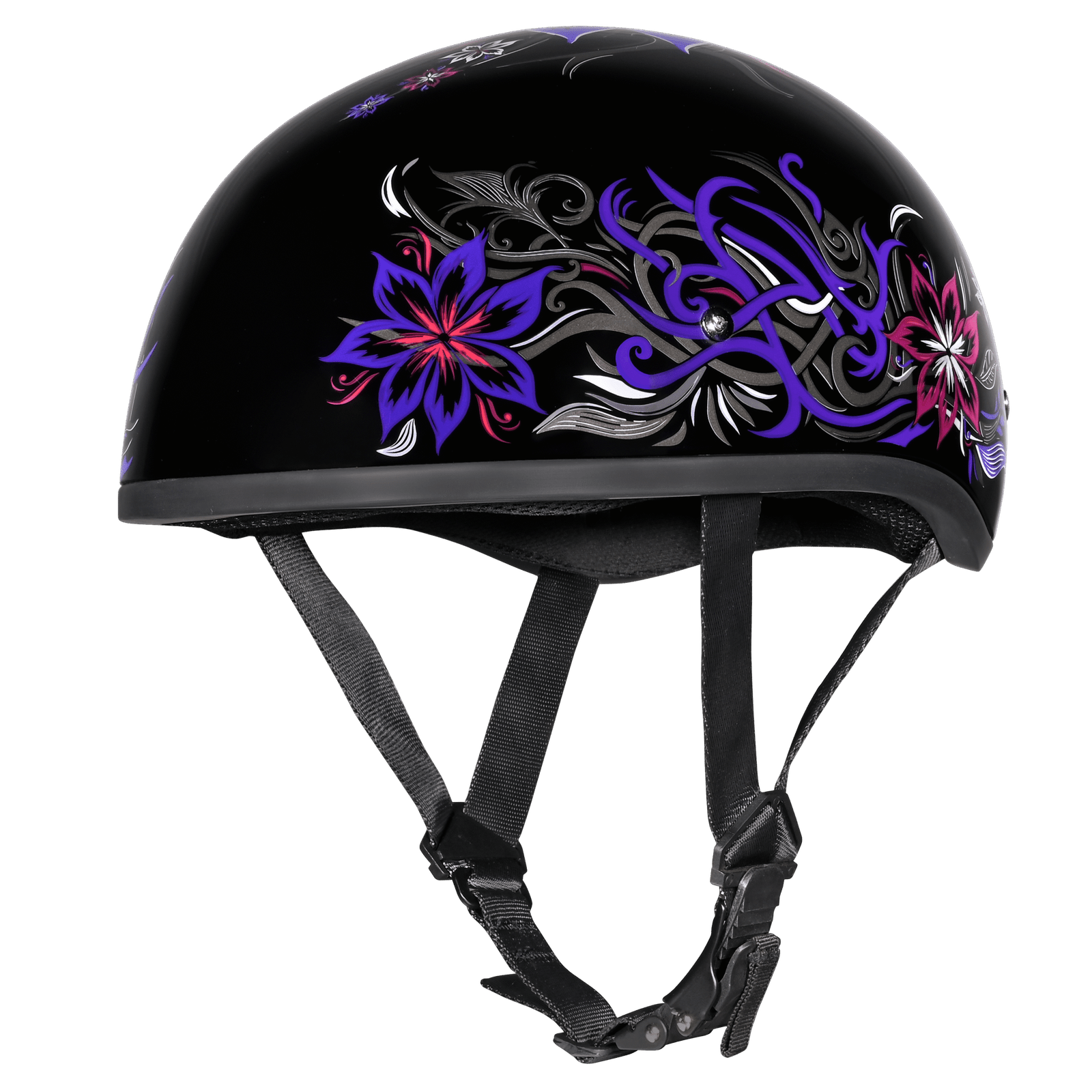 DOT Approved Daytona Motorcycle Half Face Helmet - Skull Cap Graphics for Men & Women, Scooters, ATVs, UTVs & Choppers - W/ Flowers