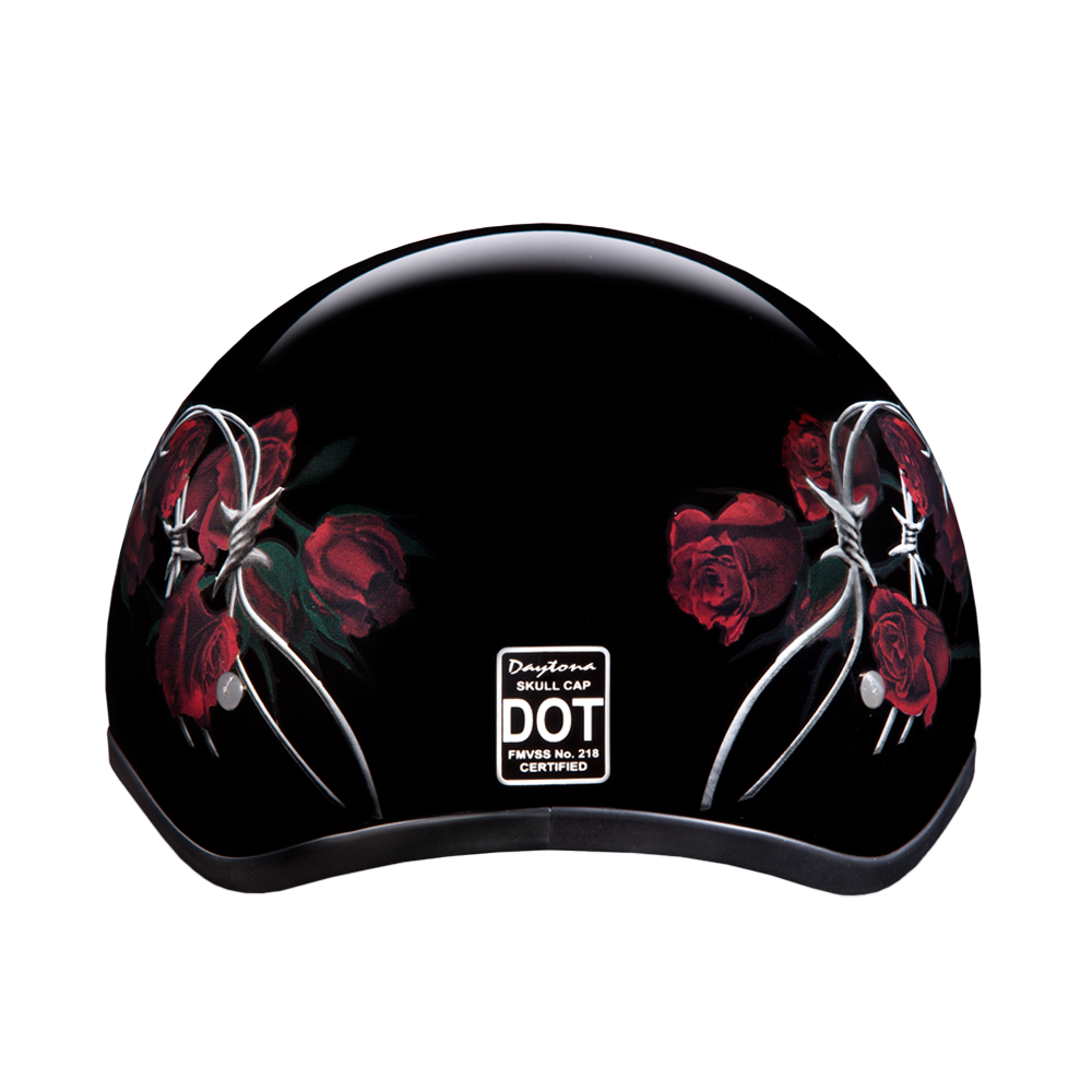 DOT Approved Daytona Motorcycle Half Face Helmet - Skull Cap Graphics for Men & Women, Scooters, ATVs, UTVs & Choppers - W/ Barbed Roses - Image 3